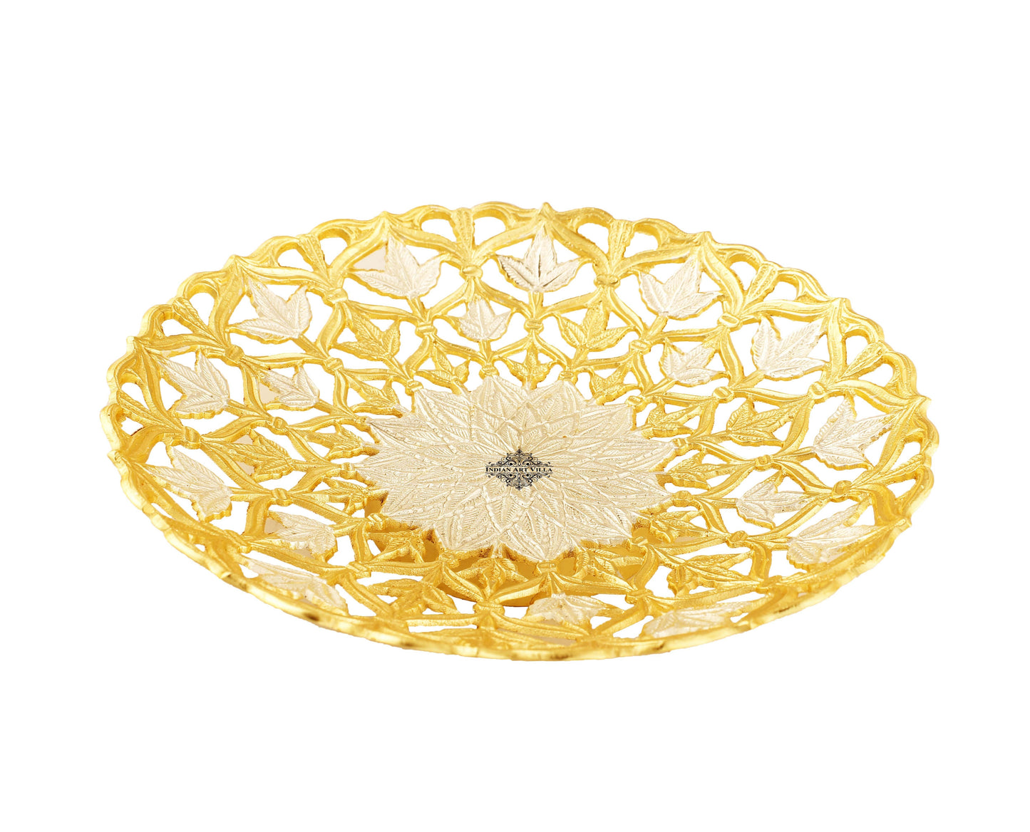 Handcrafted Pure Silver & Gold Plated Leaf Design Bowl, 25.40 CMS