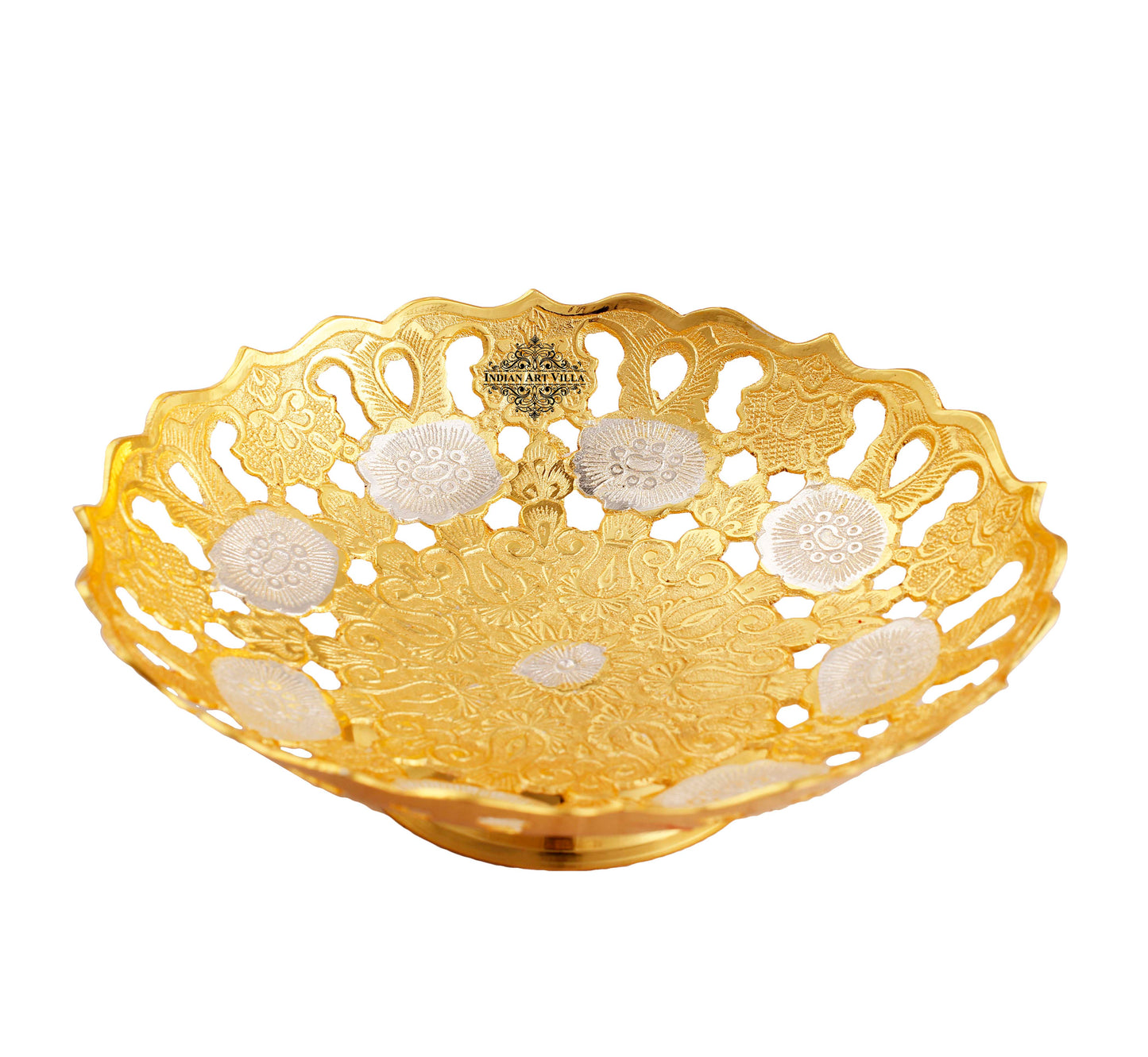 Handcrafted Pure Silver & Gold Plated Leaf Design Bowl, 25.40 CMS