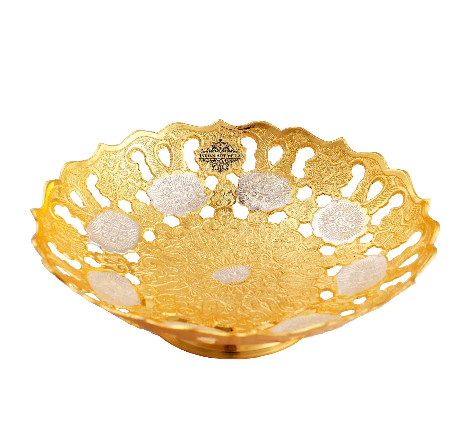Handcrafted Pure Silver & Gold Plated Leaf Design Bowl, 25.40 CMS