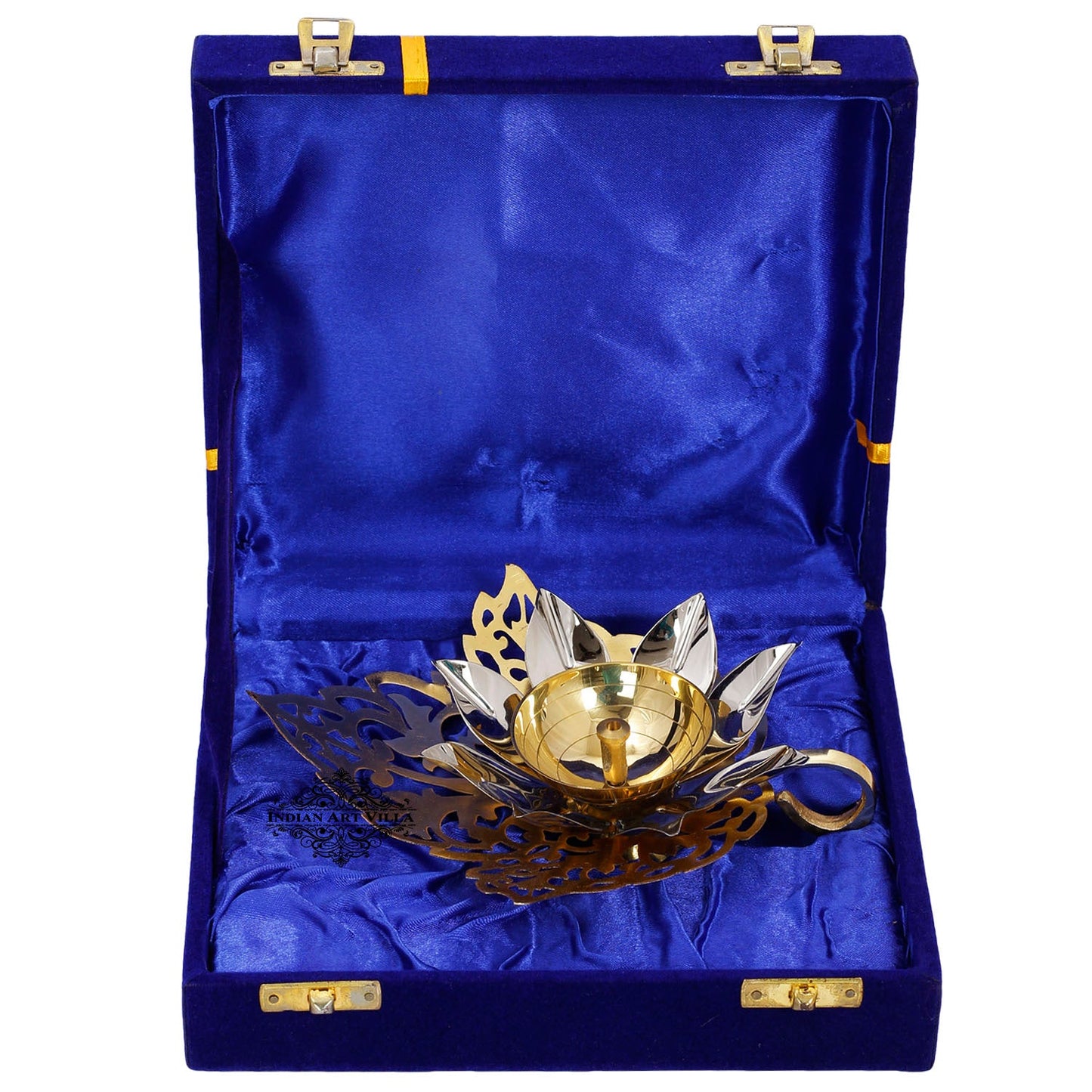 Silver & Gold Plated Curved Leaf Design Akhand Diya With Blue Box