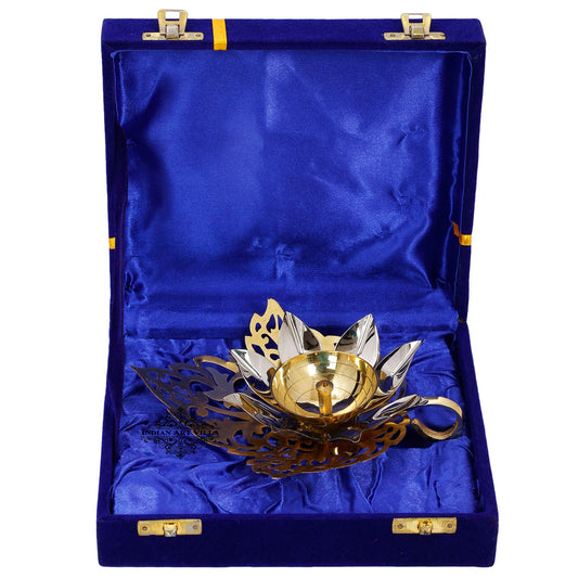 Silver & Gold Plated Curved Leaf Design Akhand Diya With Blue Box