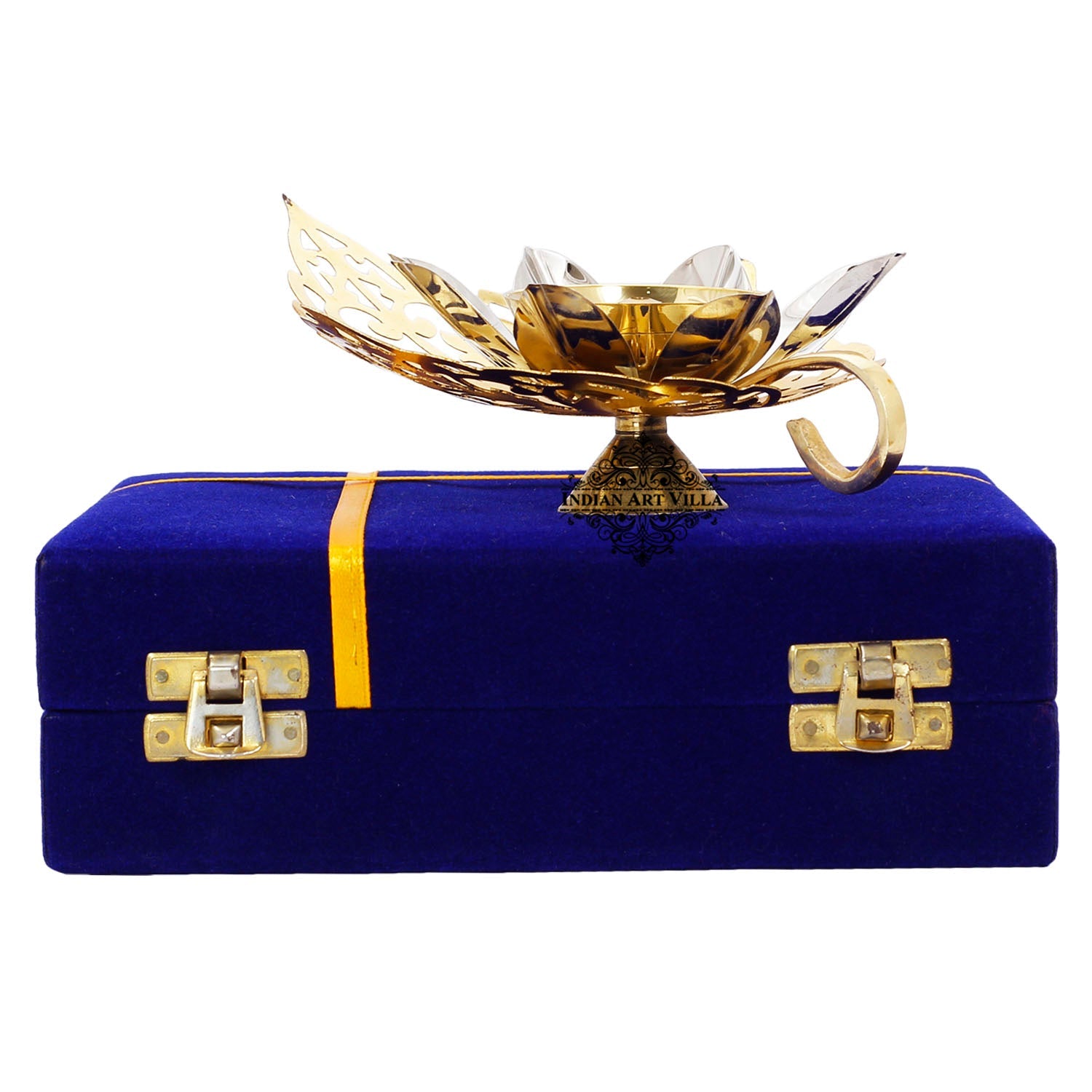 Silver & Gold Plated Curved Leaf Design Akhand Diya With Blue Box