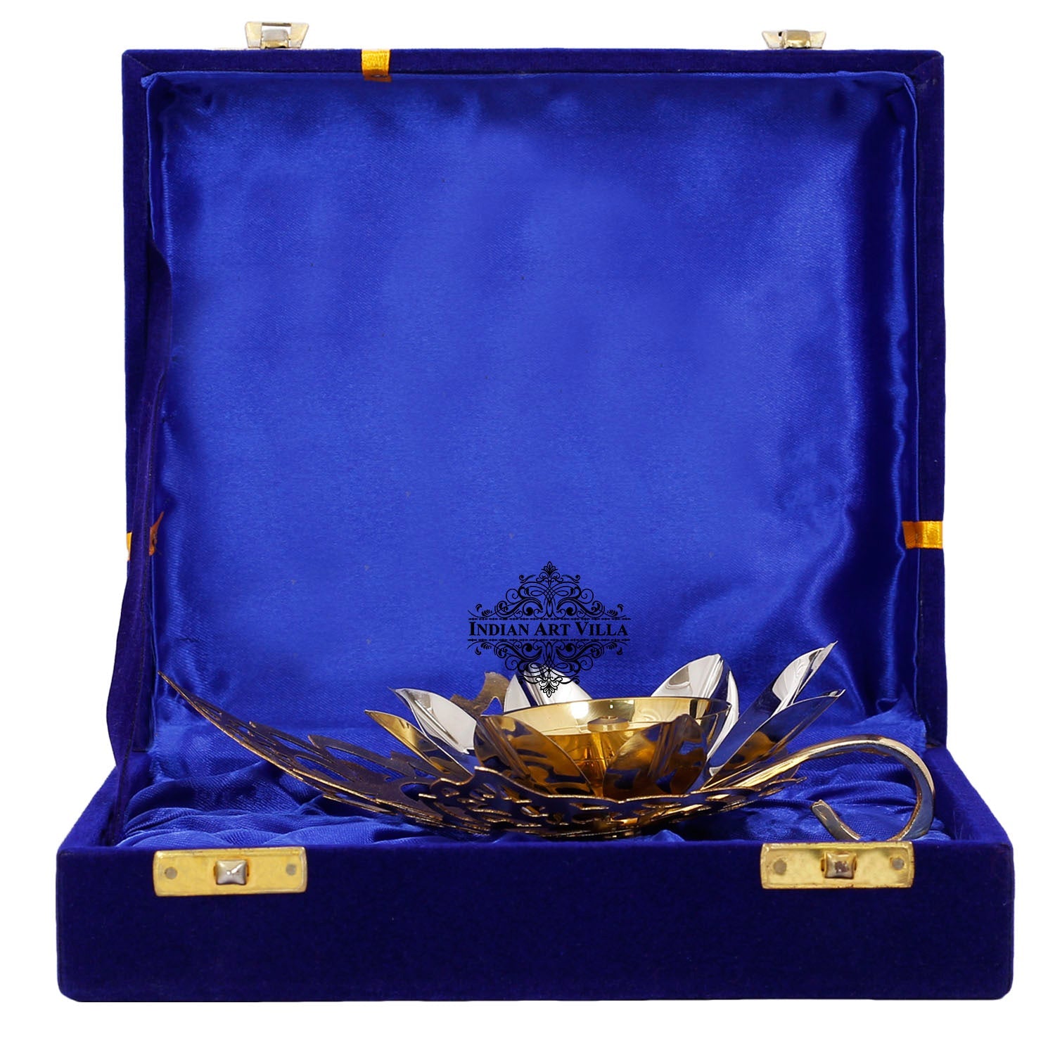 Silver & Gold Plated Curved Leaf Design Akhand Diya With Blue Box