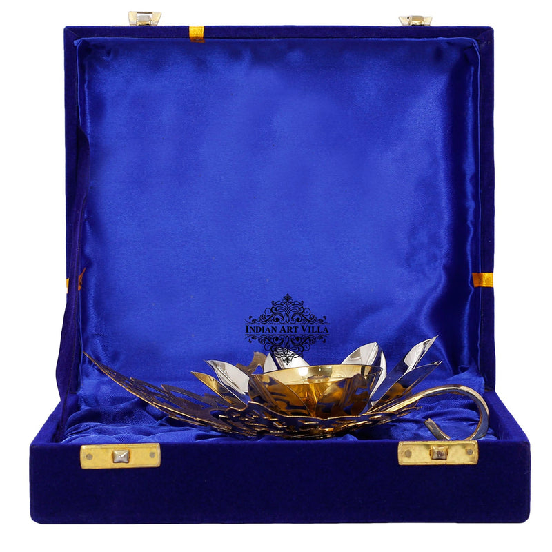 Silver & Gold Plated Curved Leaf Design Akhand Diya With Blue Box