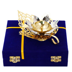 Pure Silver & Gold Plated Curved Leaf Design Akhand Diya With Red Box