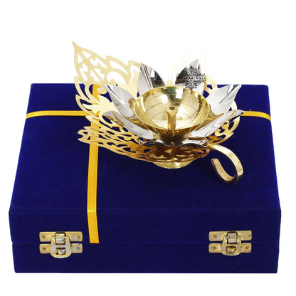 Silver & Gold Plated Curved Leaf Design Akhand Diya With Blue Box