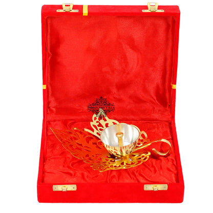 Pure Silver & Gold Plated Curved Leaf Design Akhand Diya With Red Box