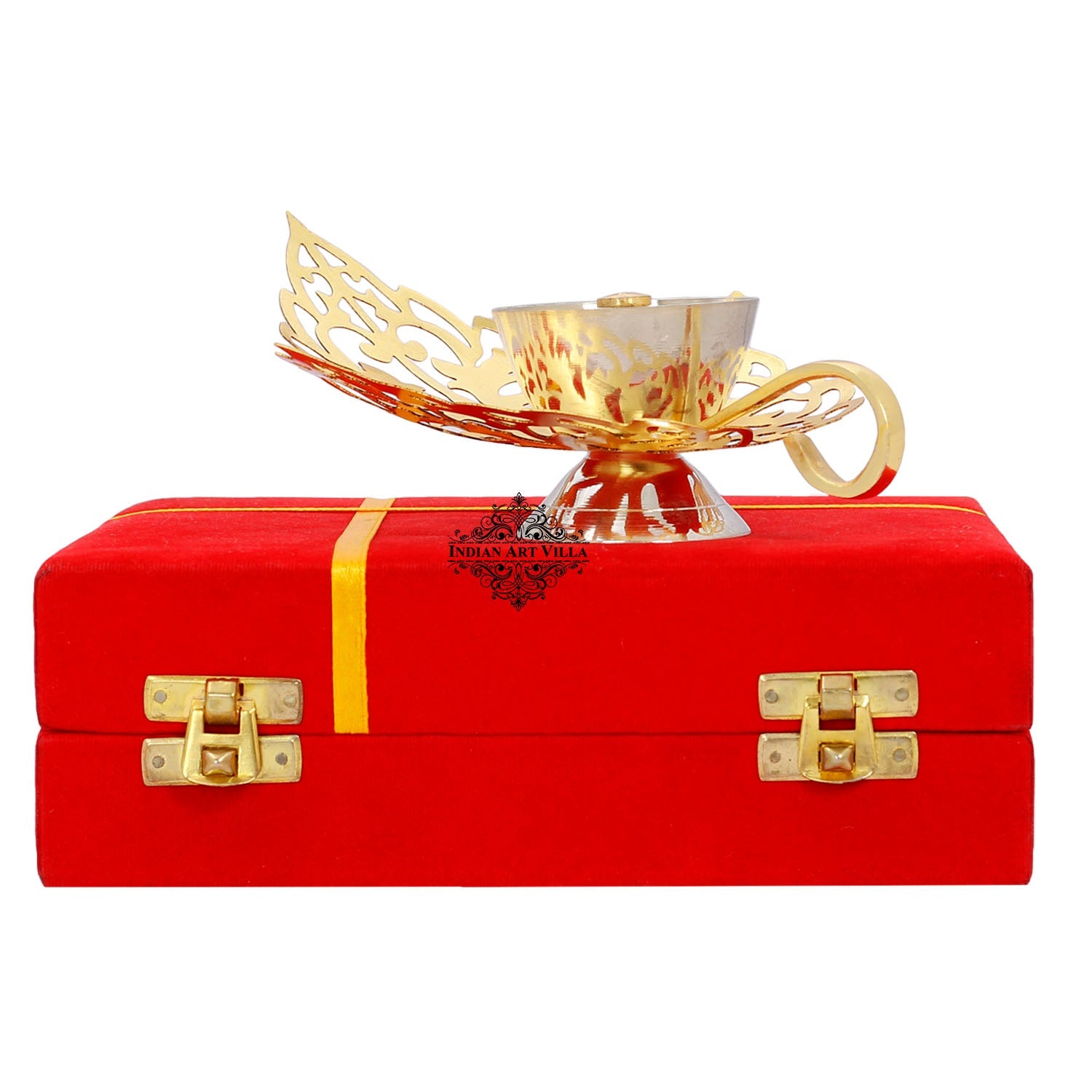 Pure Silver & Gold Plated Curved Leaf Design Akhand Diya With Red Box