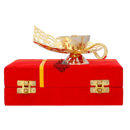 Pure Silver & Gold Plated Curved Leaf Design Akhand Diya With Red Box