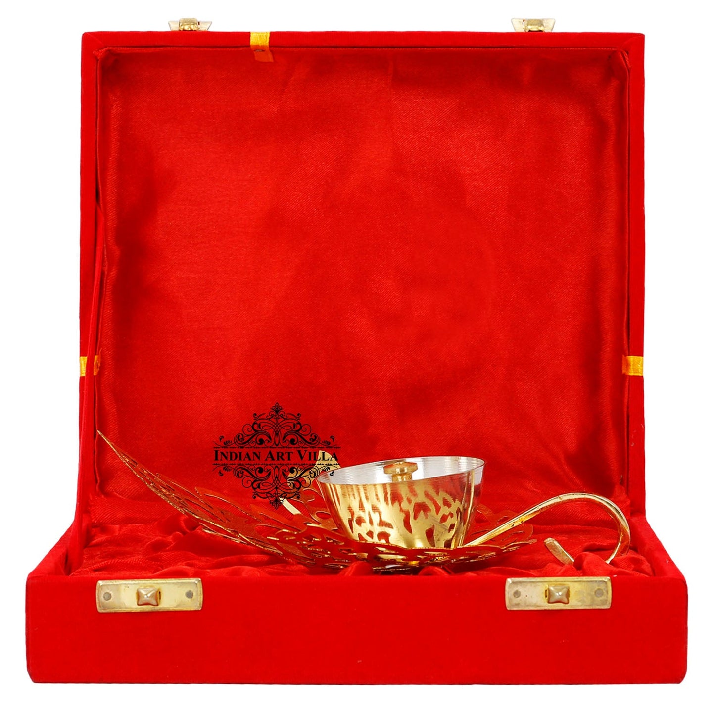 Pure Silver & Gold Plated Curved Leaf Design Akhand Diya With Red Box