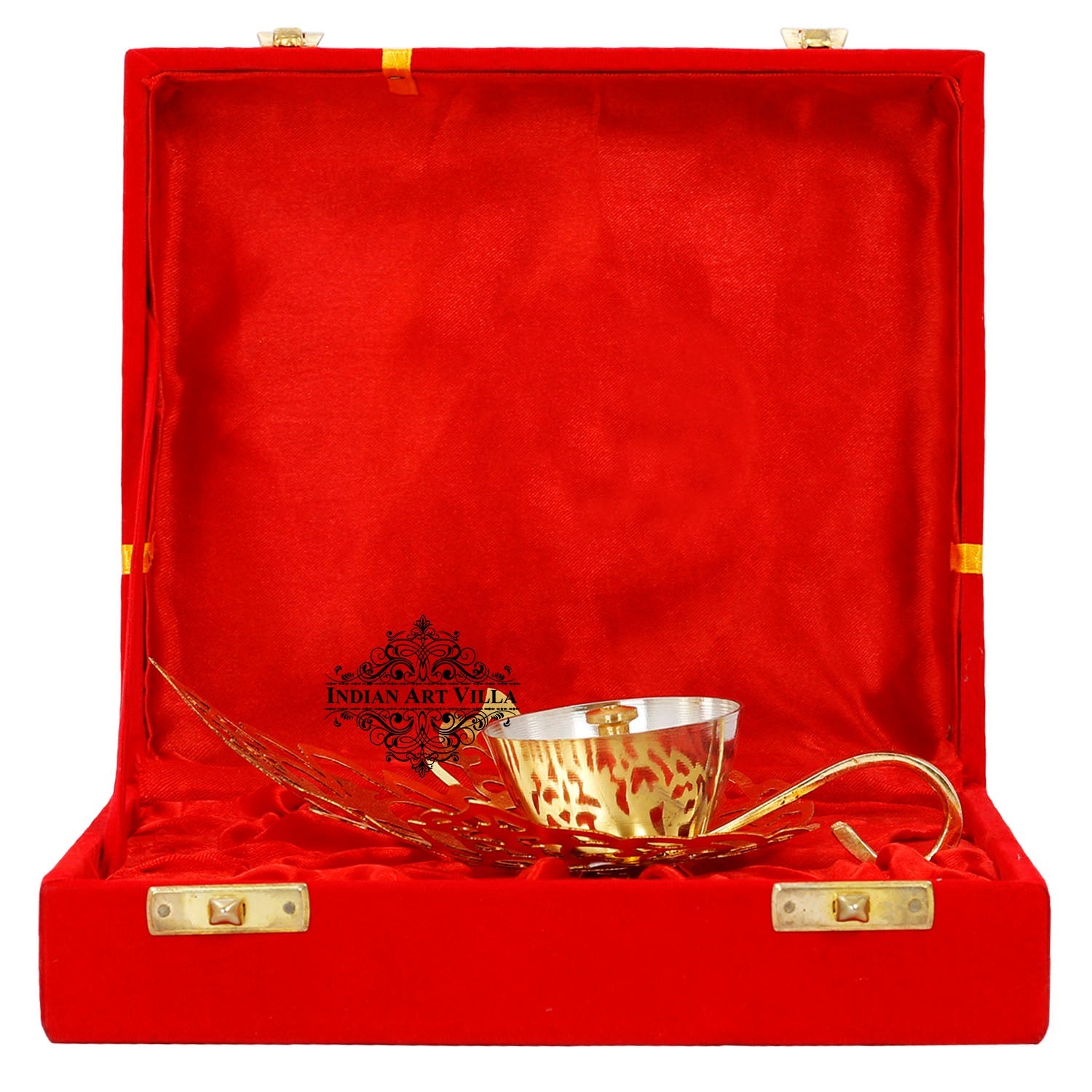 Pure Silver & Gold Plated Curved Leaf Design Akhand Diya With Red Box