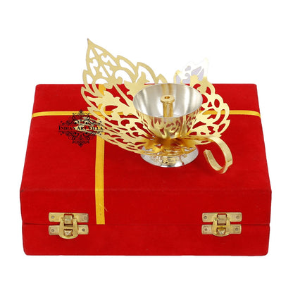 Pure Silver & Gold Plated Curved Leaf Design Akhand Diya With Red Box