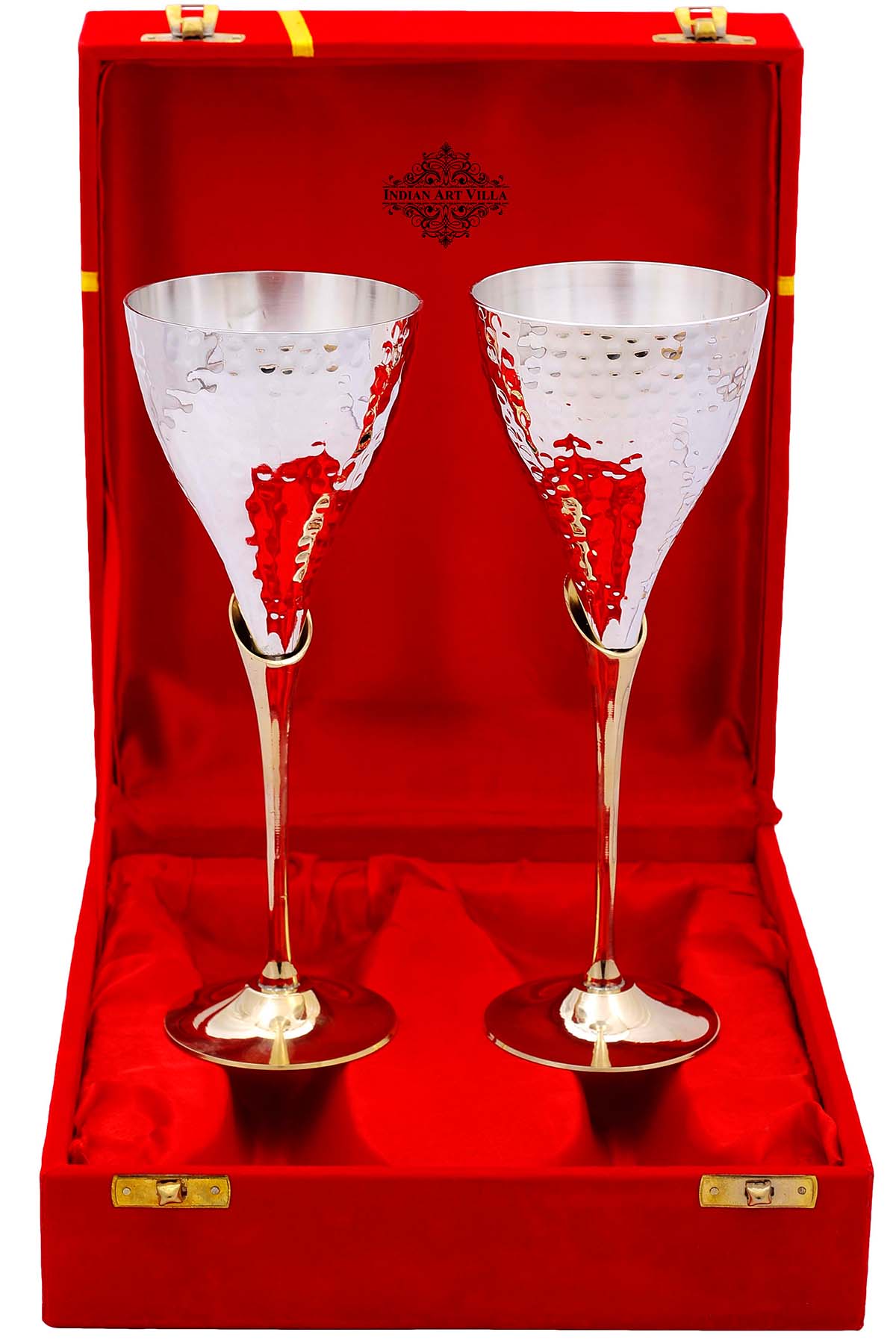 Silver Plated Hammered Design Goblet Flute Wine Glass with Red Box, 100 ML each, Set of 2