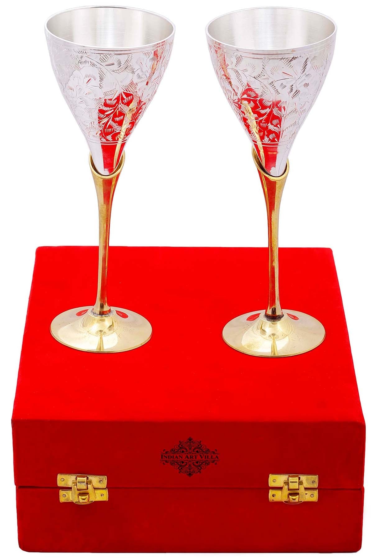 Pure Set of 2 Silver Plated & Brass Champagne Engraved Wine Glass With Red Box