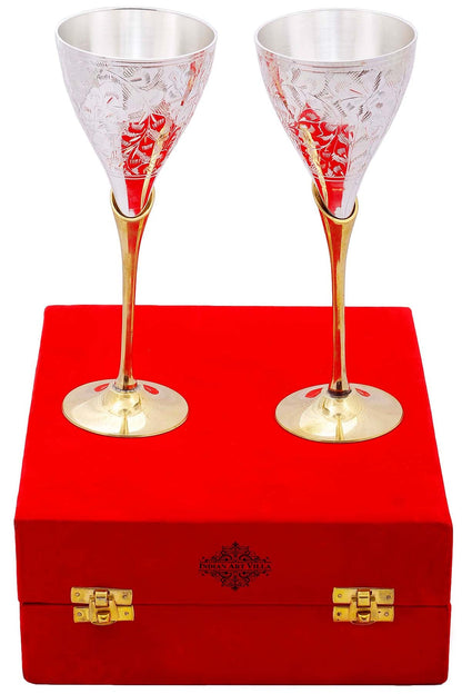 Pure Set of 2 Silver Plated & Brass Champagne Engraved Wine Glass With Red Box