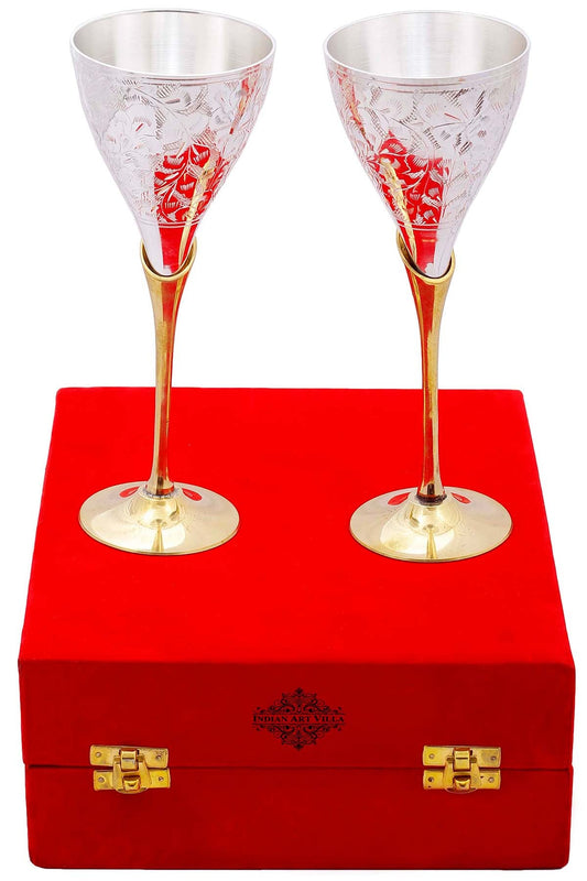Pure Set of 2 Silver Plated & Brass Champagne Engraved Wine Glass With Red Box