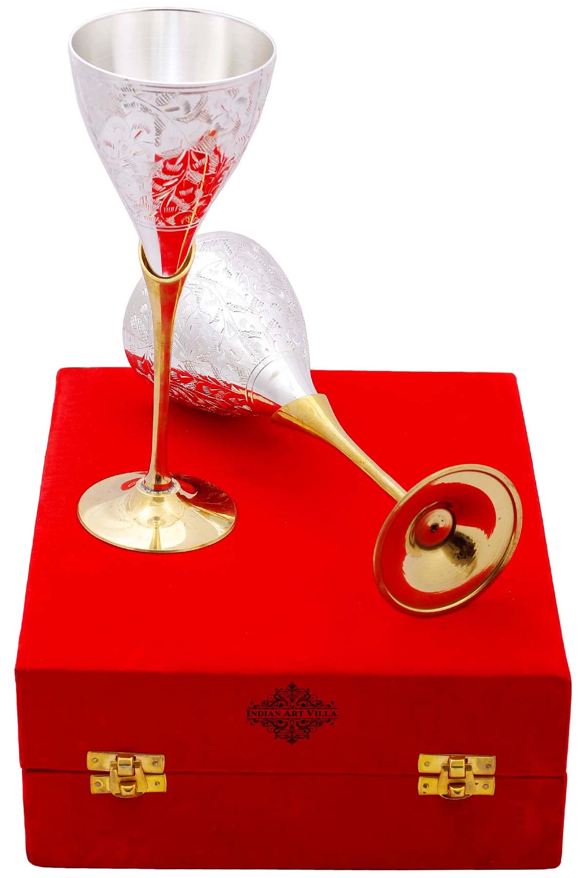 Pure Set of 2 Silver Plated & Brass Champagne Engraved Wine Glass With Red Box