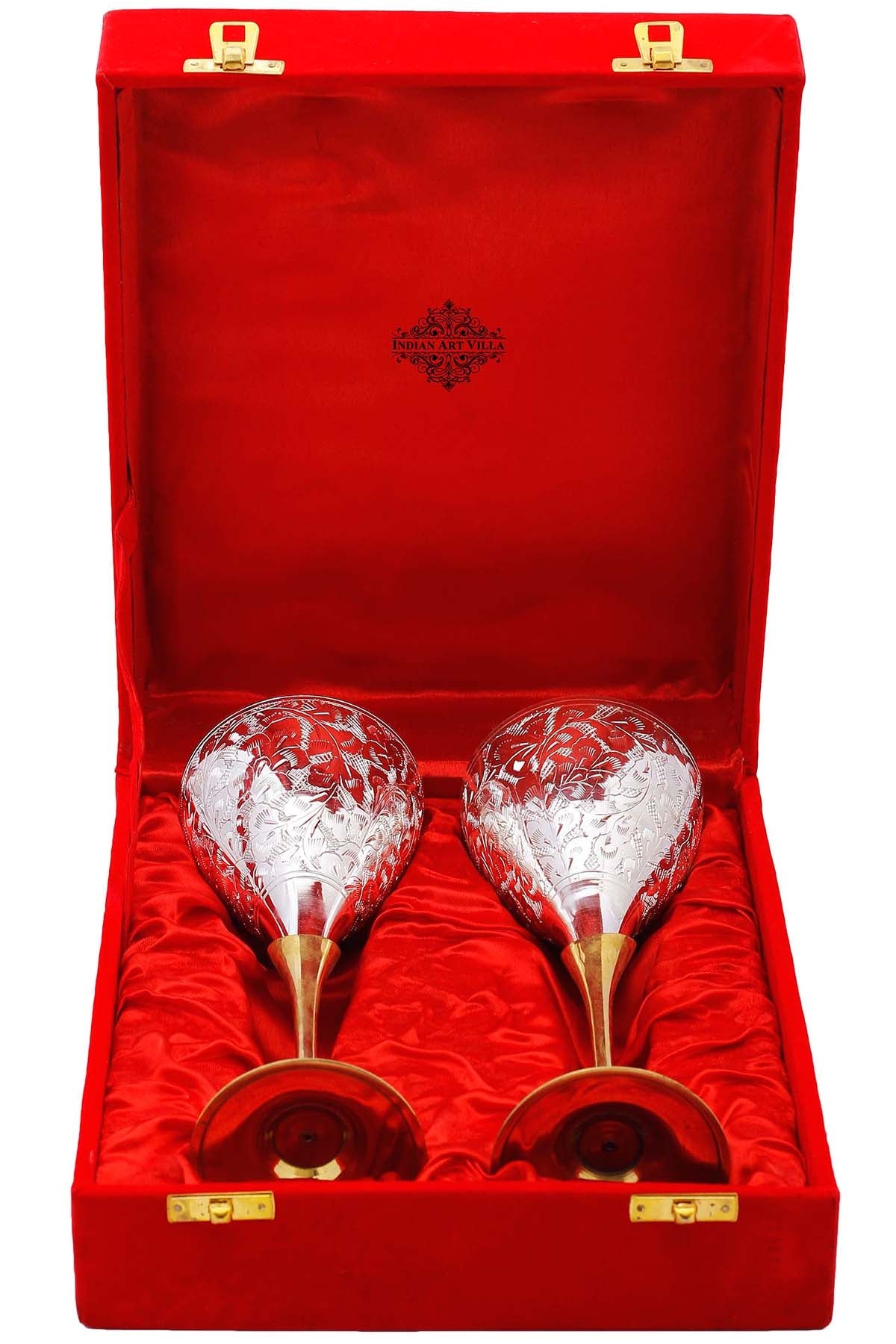 Pure Set of 2 Silver Plated & Brass Champagne Engraved Wine Glass With Red Box