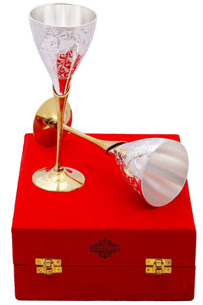 Pure Set of 2 Silver Plated & Brass Champagne Engraved Wine Glass With Red Box