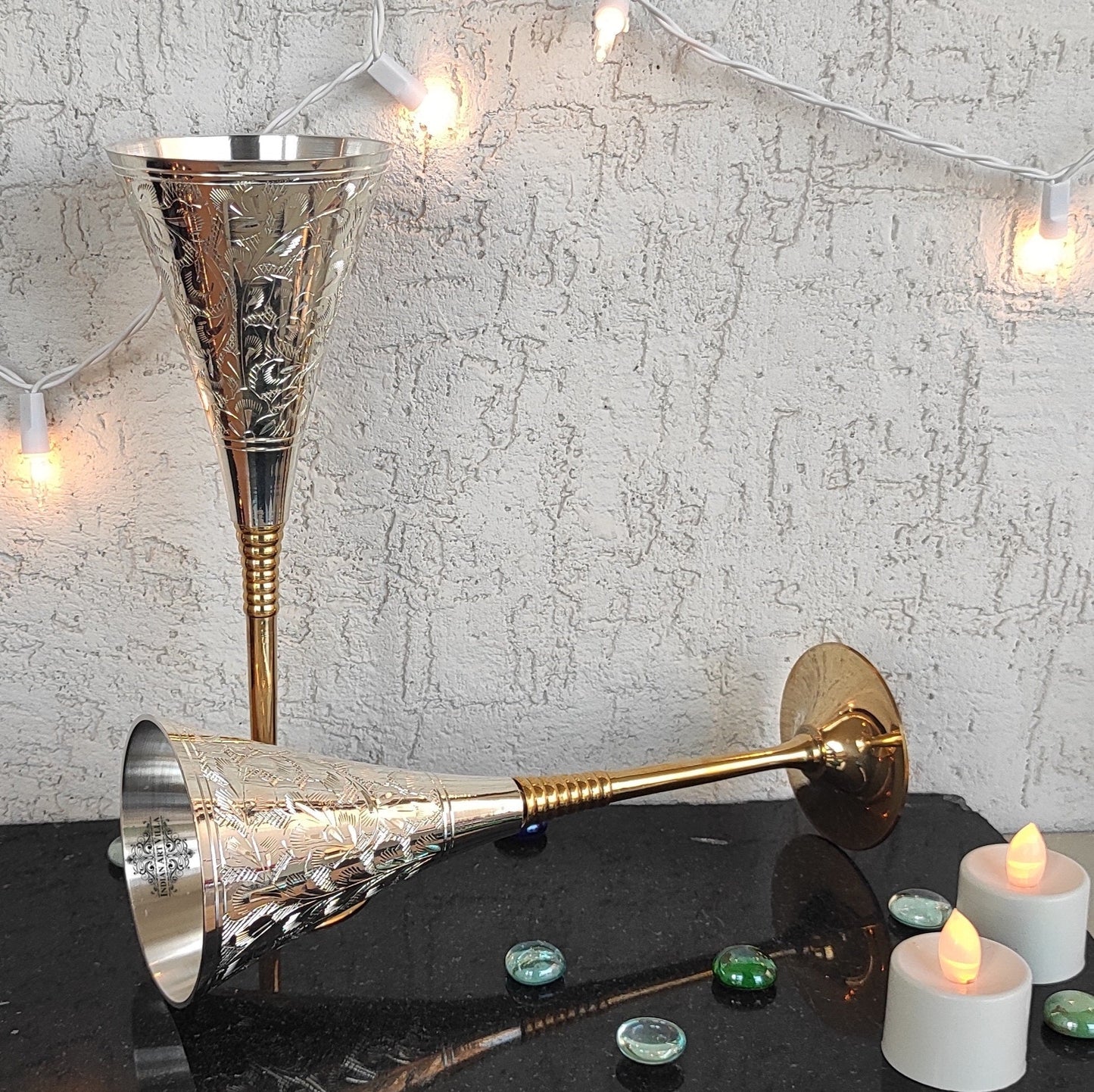 Silver Plated Engraved Goblet / Flute Glass / Wine Glass with Red Box | Set of 2 | 100 ML each