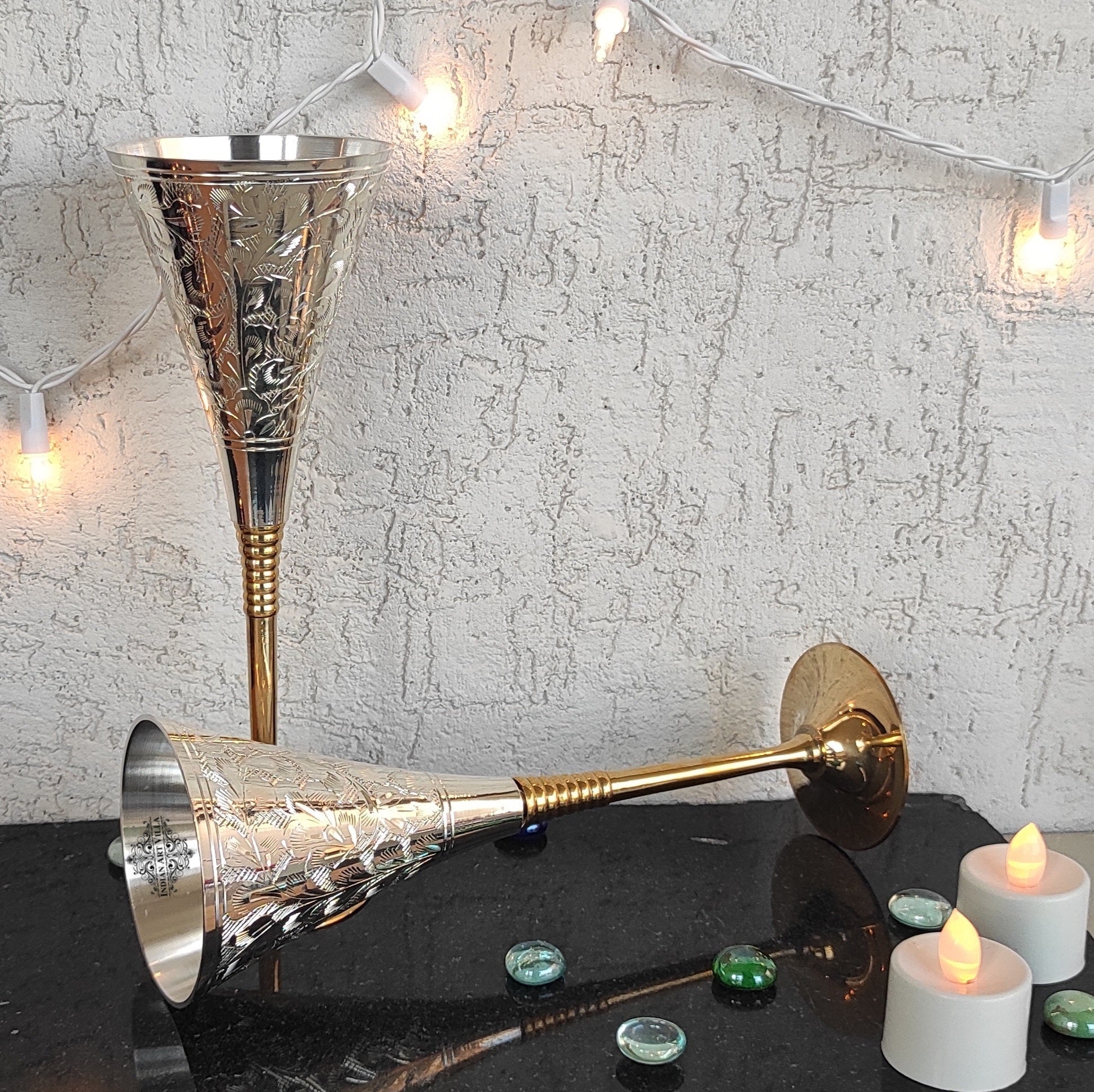 Silver Plated Engraved Goblet / Flute Glass / Wine Glass with Red Box | Set of 2 | 100 ML each