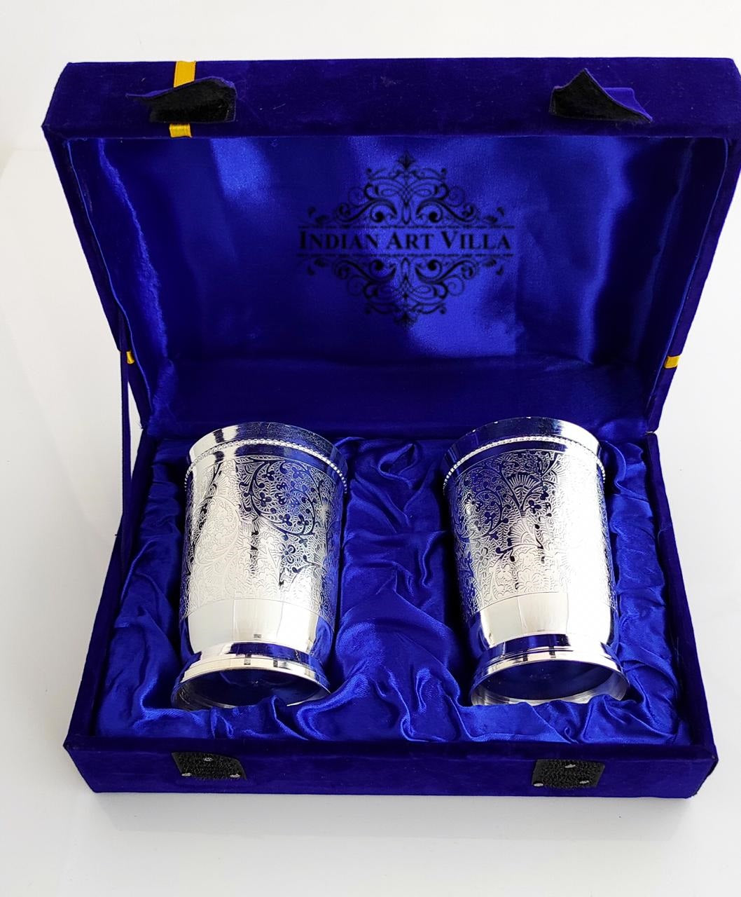 Embossed Designer Silver Plated Set of 2 Designer Glass With Blue Box