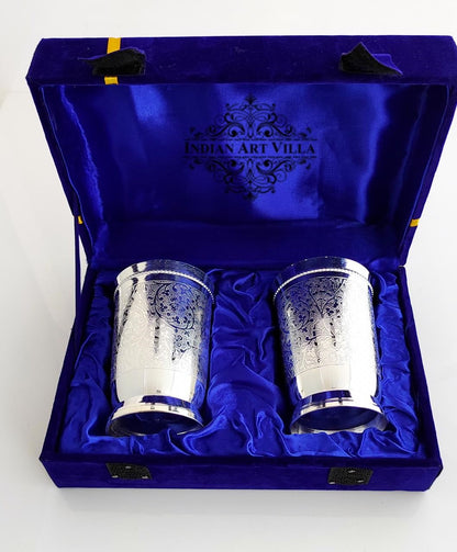 Embossed Designer Silver Plated Set of 2 Designer Glass With Blue Box
