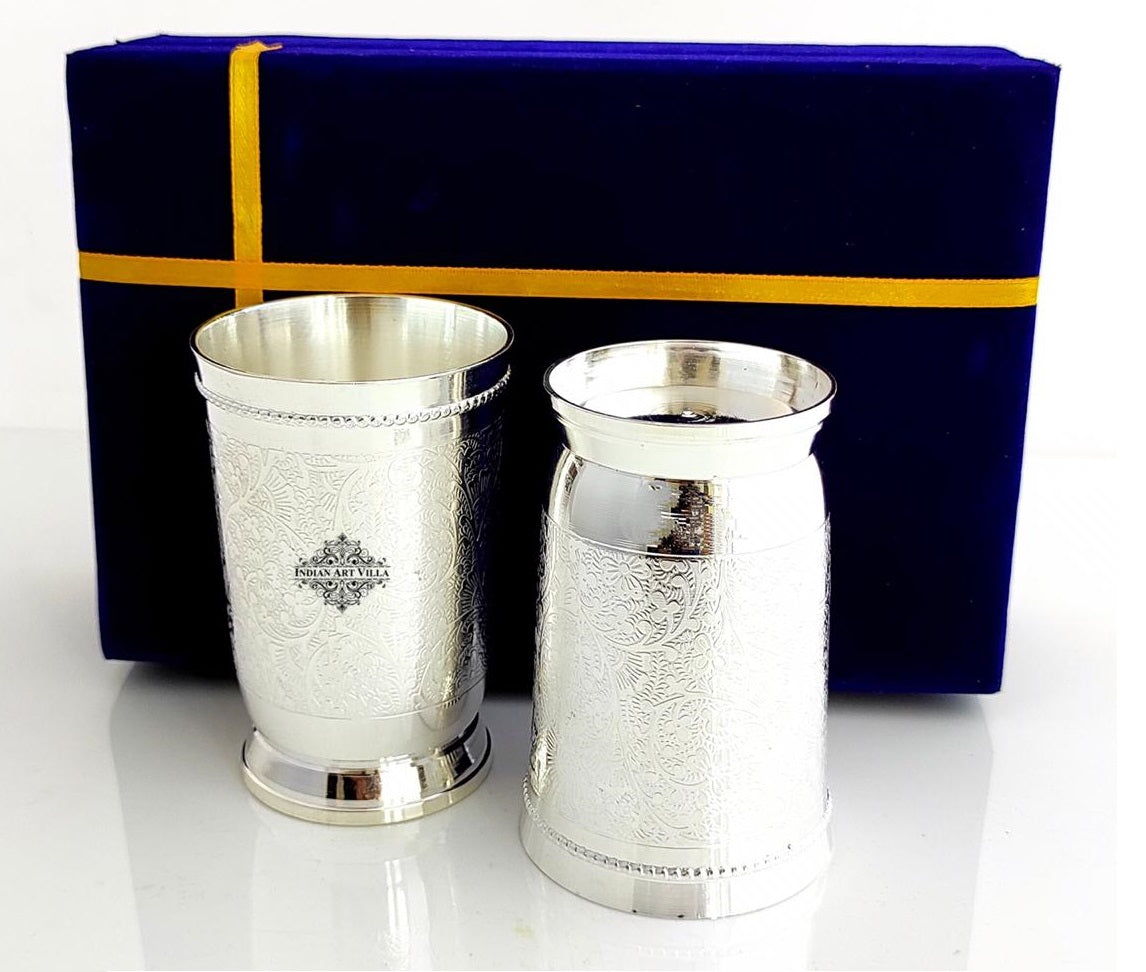 Embossed Designer Silver Plated Set of 2 Designer Glass With Blue Box