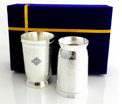Embossed Designer Silver Plated Set of 2 Designer Glass With Blue Box
