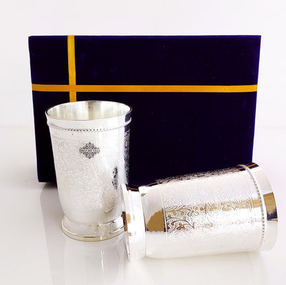 Embossed Designer Silver Plated Set of 2 Designer Glass With Blue Box