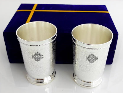Embossed Designer Silver Plated Set of 2 Designer Glass With Blue Box