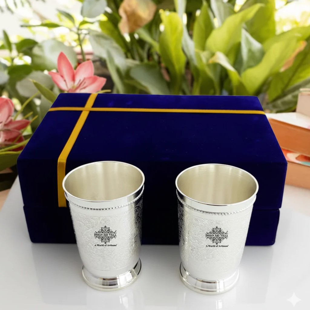 Embossed Designer Silver Plated Set of 2 Designer Glass With Blue Box