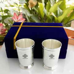 Embossed Designer Silver Plated Set of 2 Designer Glass With Blue Box