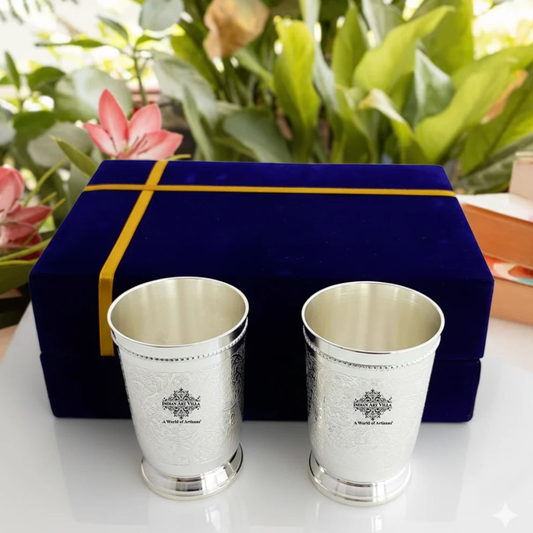 Embossed Designer Silver Plated Set of 2 Designer Glass With Blue Box