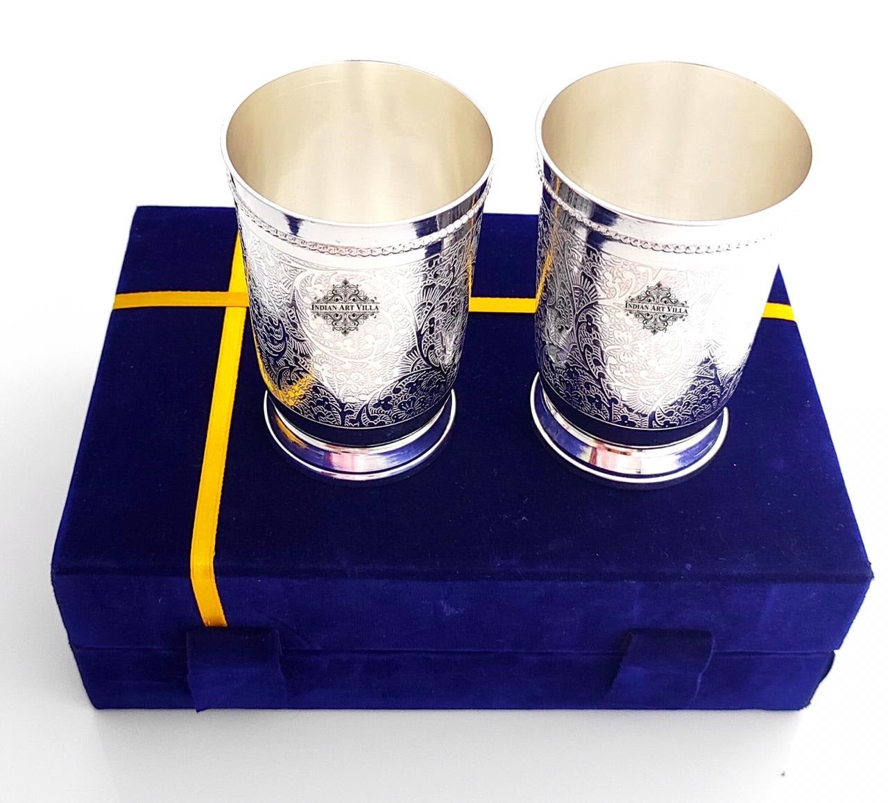 Embossed Designer Silver Plated Set of 2 Designer Glass With Blue Box