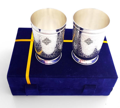 Embossed Designer Silver Plated Set of 2 Designer Glass With Blue Box