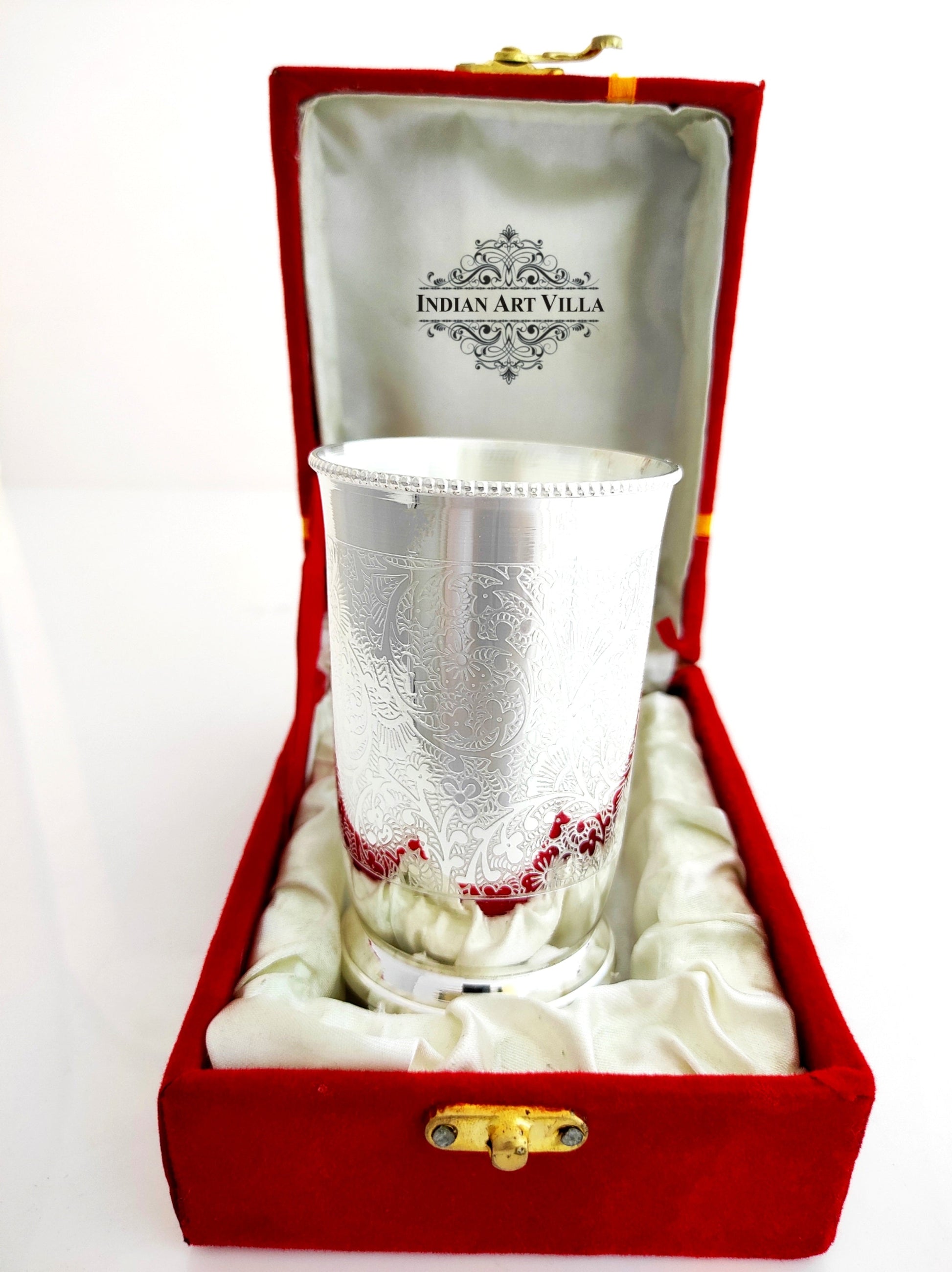 Embossed Design Silver Plated Glass With Red Box , Best For Parties , 250 ML