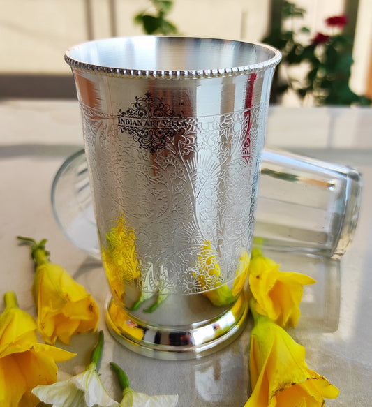 Embossed Design Silver Plated Glass With Red Box , Best For Parties , 250 ML