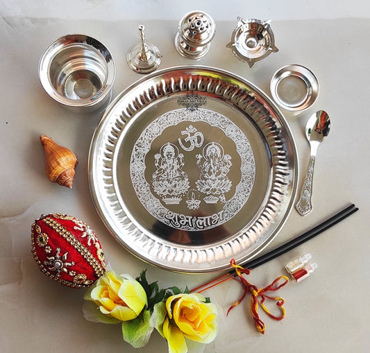 Handmade Decorative Silver Plated Laxmi & Ganesh Pooja Thali Set Set of 7 Pieces - Temple Workship Festivals Occasion Home Decore  Gift item