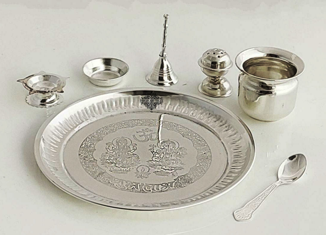 Handmade Decorative Silver Plated Laxmi & Ganesh Pooja Thali Set Set of 7 Pieces - Temple Workship Festivals Occasion Home Decore  Gift item