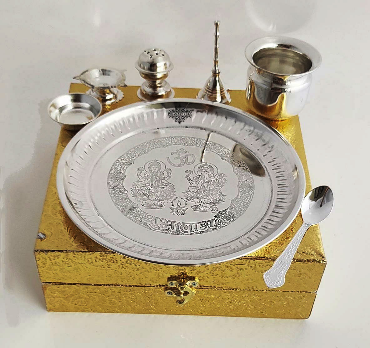 Handmade Decorative Silver Plated Laxmi & Ganesh Pooja Thali Set Set of 7 Pieces - Temple Workship Festivals Occasion Home Decore  Gift item