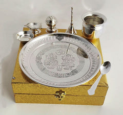 Handmade Decorative Silver Plated Laxmi & Ganesh Pooja Thali Set Set of 7 Pieces - Temple Workship Festivals Occasion Home Decore  Gift item