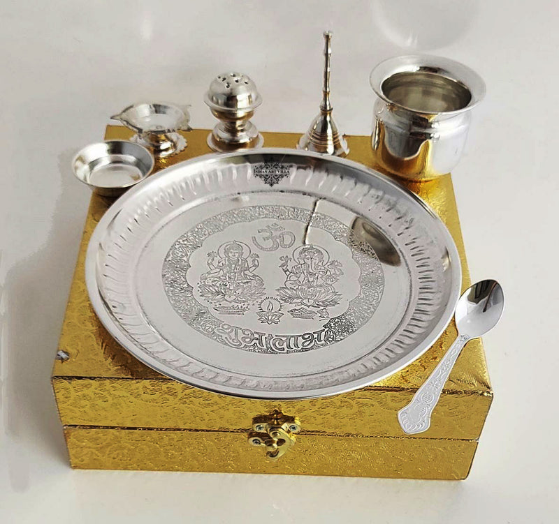 Handmade Decorative Silver Plated Laxmi & Ganesh Pooja Thali Set Set of 7 Pieces - Temple Workship Festivals Occasion Home Decore  Gift item