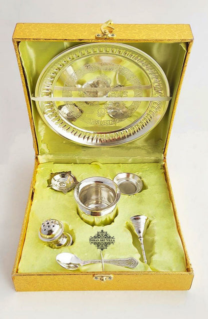 Handmade Decorative Silver Plated Laxmi & Ganesh Pooja Thali Set Set of 7 Pieces - Temple Workship Festivals Occasion Home Decore  Gift item