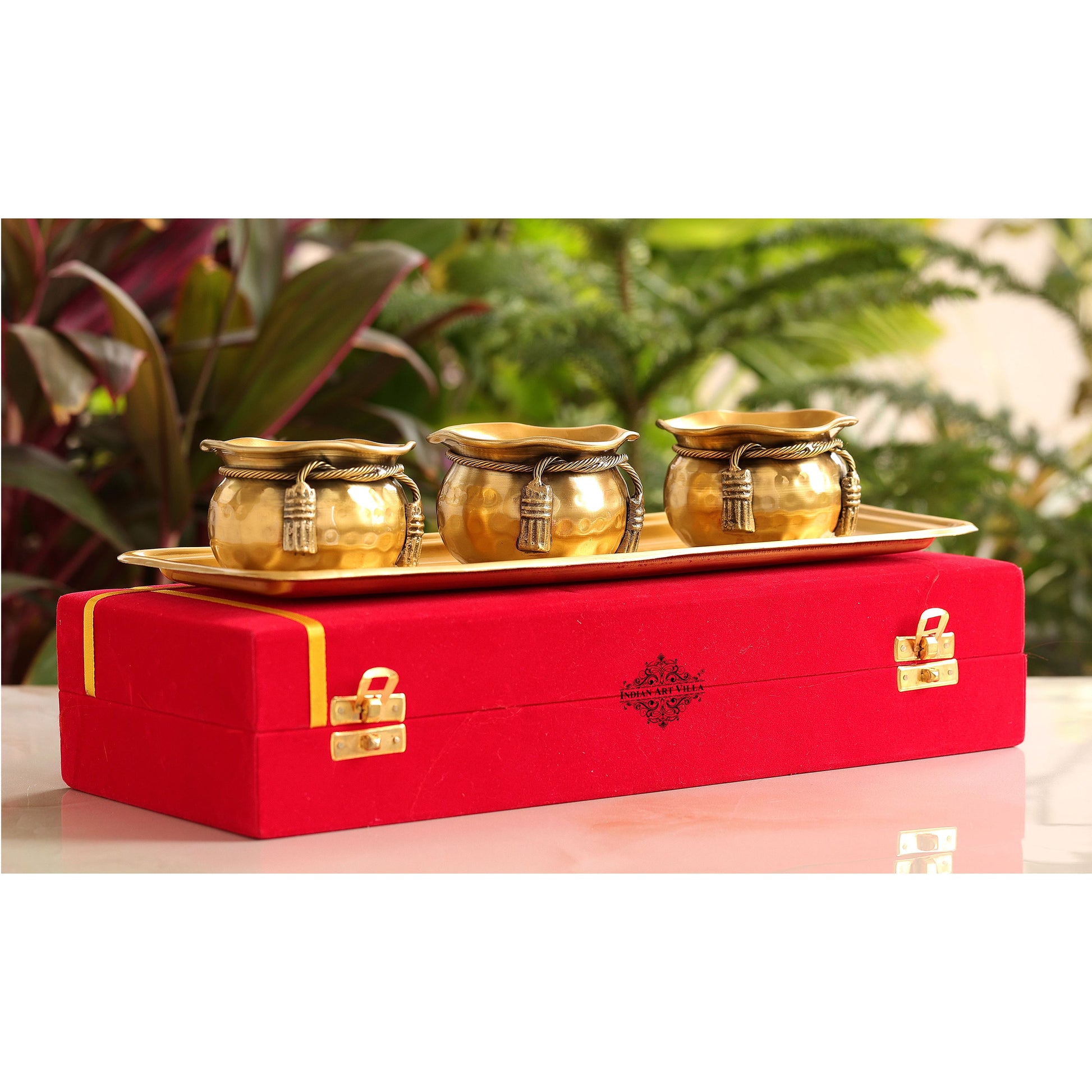 Pure Brass 3 Bowls with Neck Tie Design and 1 trey in Red Gift Box