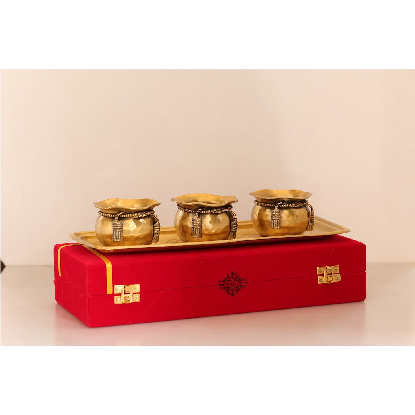 Pure Brass 3 Bowls with Neck Tie Design and 1 trey in Red Gift Box