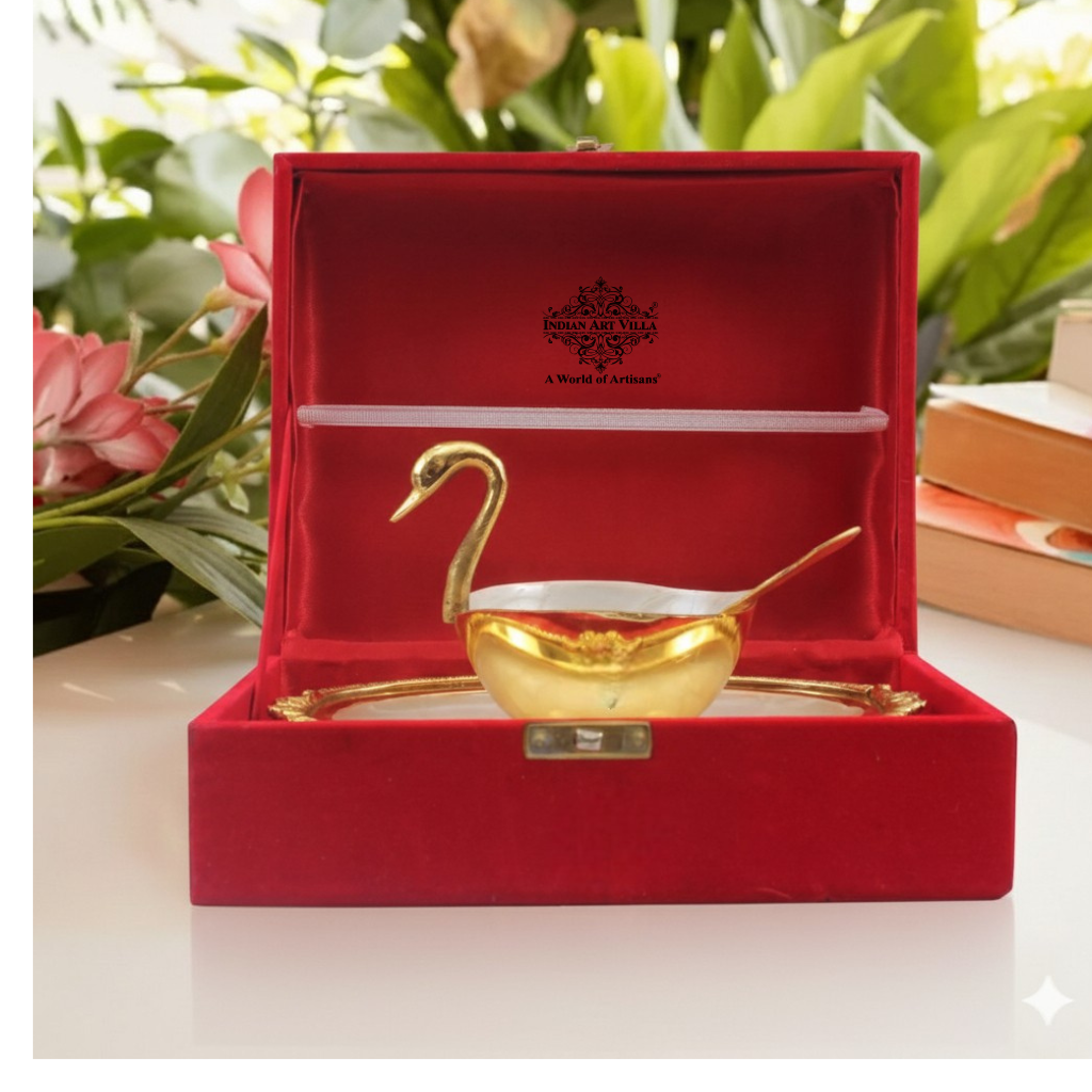 Pure Gold Polish Ceramic Finish Duck Design Bowl with 1 Tray & 1 Spoon
