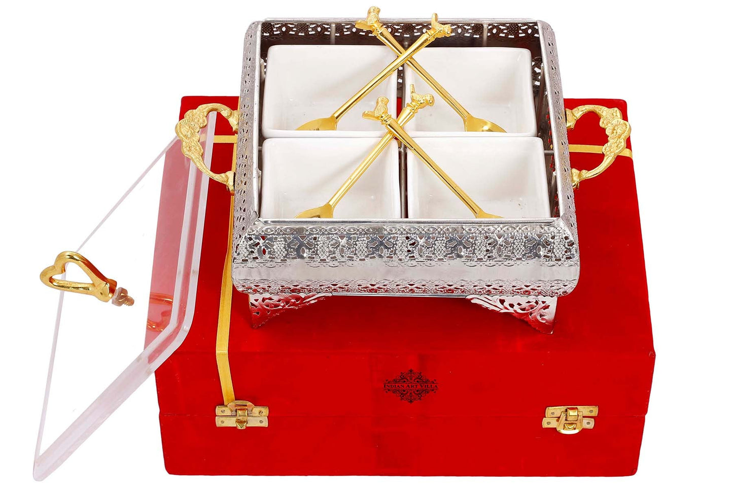 Silver Plated Brass Designer Storage Box Dry Fruit Container 4 Compartments, Gift Item, Home Decore, 19.56 cm, Gold