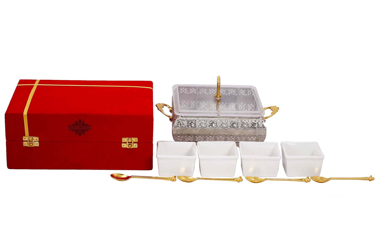 Silver Plated Brass Designer Storage Box Dry Fruit Container 4 Compartments, Gift Item, Home Decore, 19.56 cm, Gold