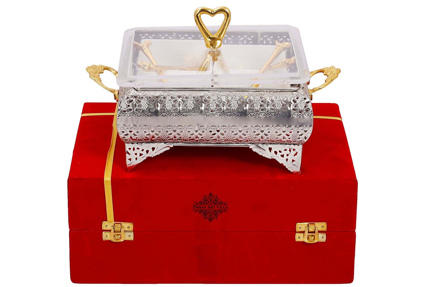 Silver Plated Brass Designer Storage Box Dry Fruit Container 4 Compartments, Gift Item, Home Decore, 19.56 cm, Gold
